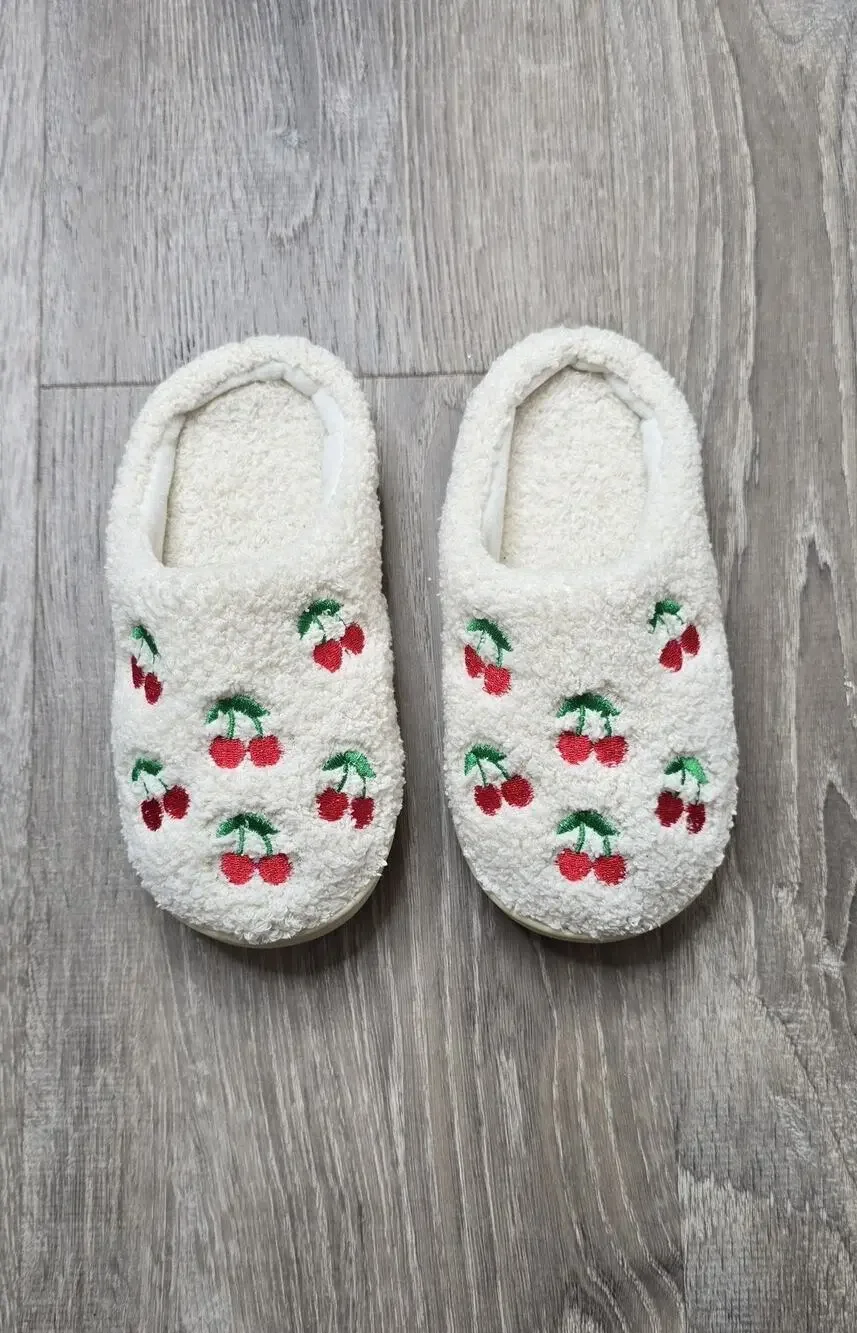 Girls Fuzzy Cherry Slippers Size 13/1 Cream Cozy Plush House Shoes